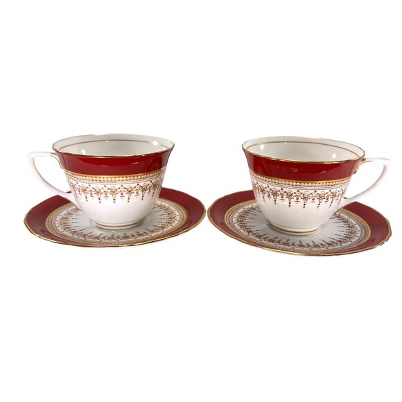 Vtg Royal Worcester Red Regency Tea Cup Saucer Set Of 2 Gold Trim England - Picture 3 of 15